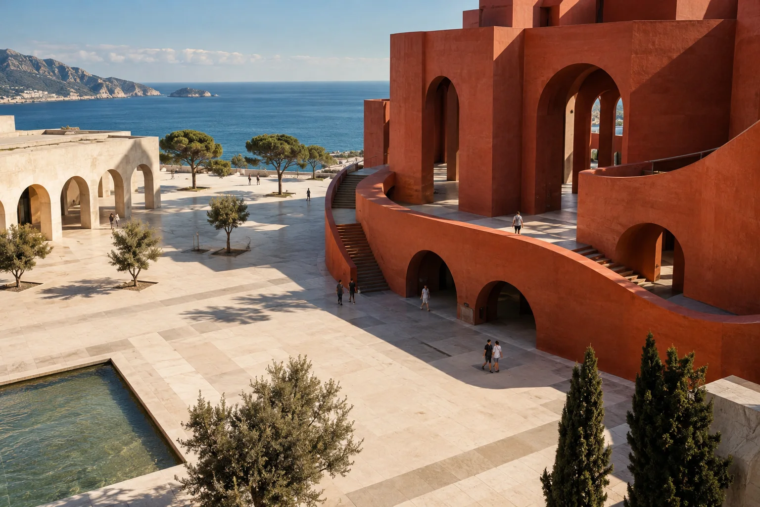 A sunlit public square with terracotta architecture